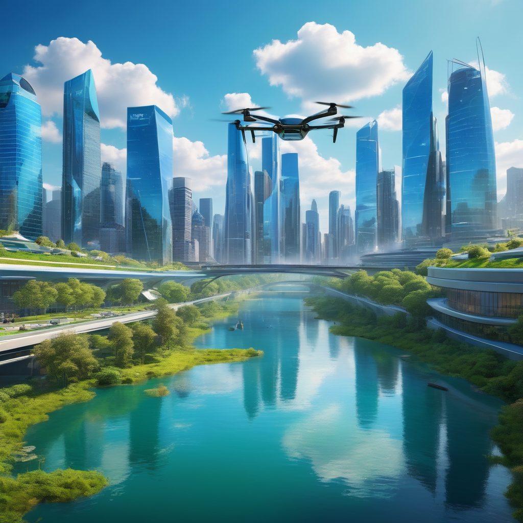 A futuristic city skyline with green roofs and advanced technology measuring air and water quality, featuring transparent water filtration systems and drones analyzing the environment. Blue skies and clean rivers symbolize purity, while people interact with smart devices showcasing real-time data. Emphasize innovation and a sustainable future. super-realistic. vibrant colors. futuristic style.