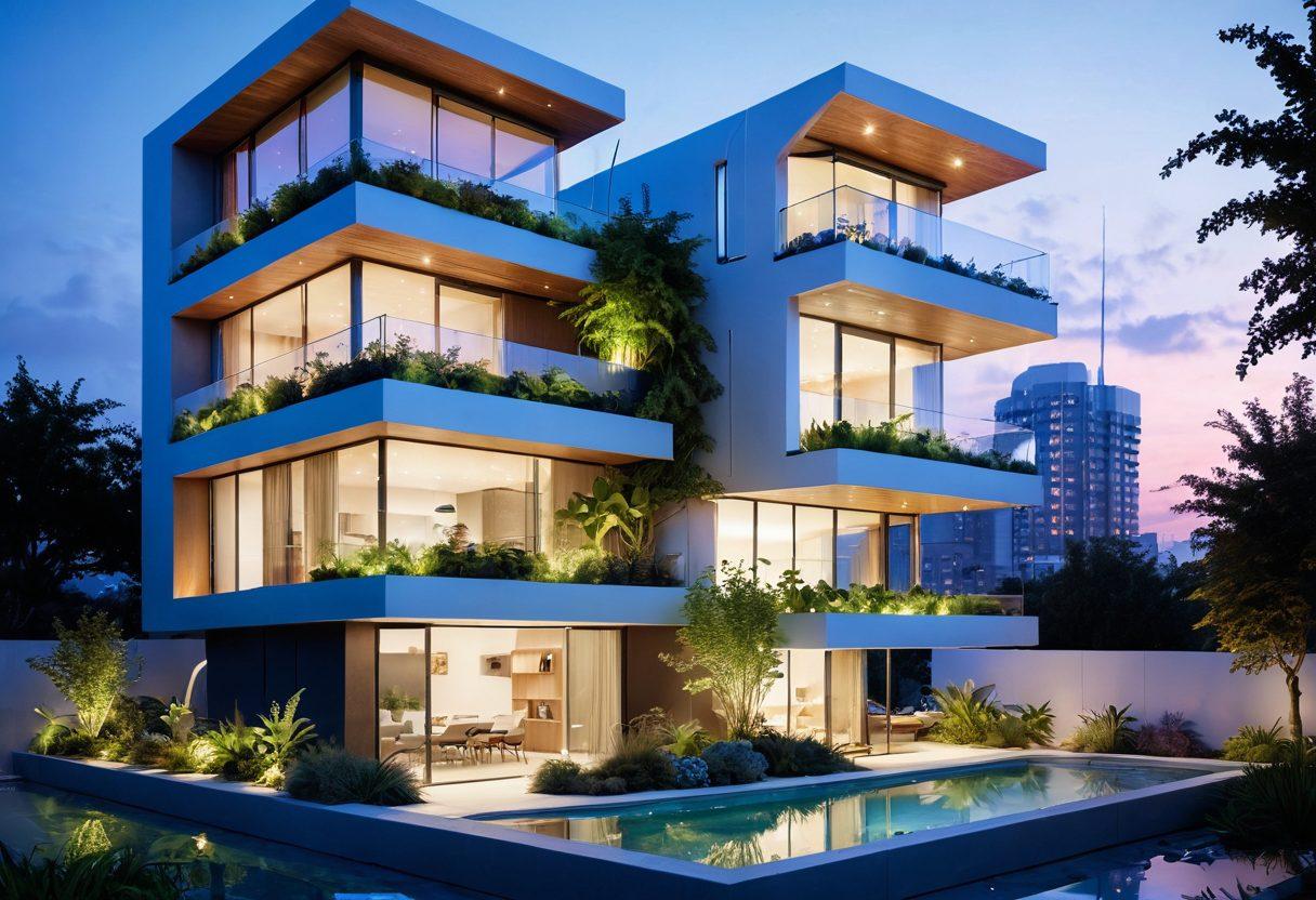 A futuristic home with sleek, modern filtration systems integrated into design, showcasing clean air and water flow. Visible plants for natural air purification and innovative technology around the house, symbolizing a blend of comfort and industry. A cityscape in the background, hinting at the broader impact on urban environments. The scene should be vibrant and inviting, reflecting a healthier future. super-realistic. vibrant colors. 3D.