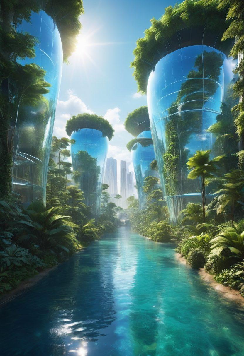 A futuristic cityscape showcasing advanced filtration technology, with transparent domes purifying the air and crystal-clear blue streams flowing through. People are enjoying the clean environment, surrounded by lush greenery and innovative filtration systems integrated into buildings. The sky is bright and clear, symbolizing fresh air, while the water sparkles in sunlight. The scene conveys hope and progress in environmental solutions. vibrant colors. super-realistic.